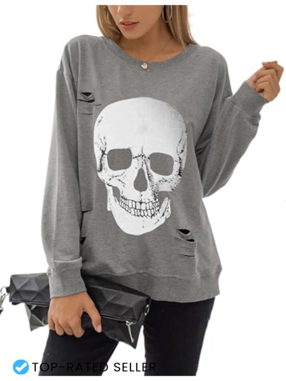 Halloween Skull Graphic Sweatshirt Loose Crewneck Long Sleeve Fall Pullover Grey